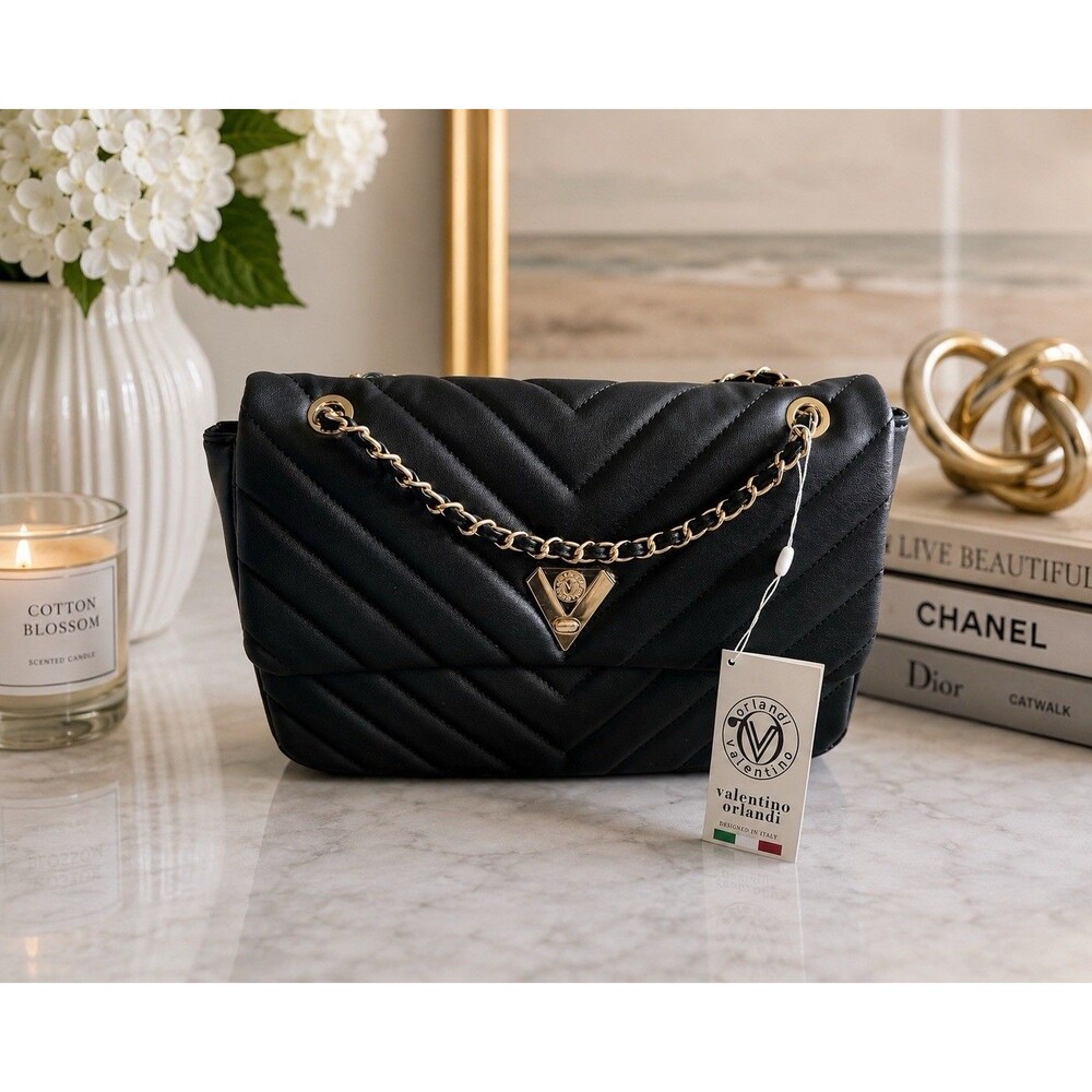 Valentino Orlandi V Quilted Black Italian Vegan Leather Crossbody Bag NWT - Picture 1 of 7
